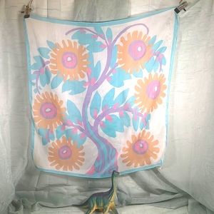 Floral Tree Blue, Orange, Purple, Green Vintage Chiffon Scarf | 25.5” x 26.5”